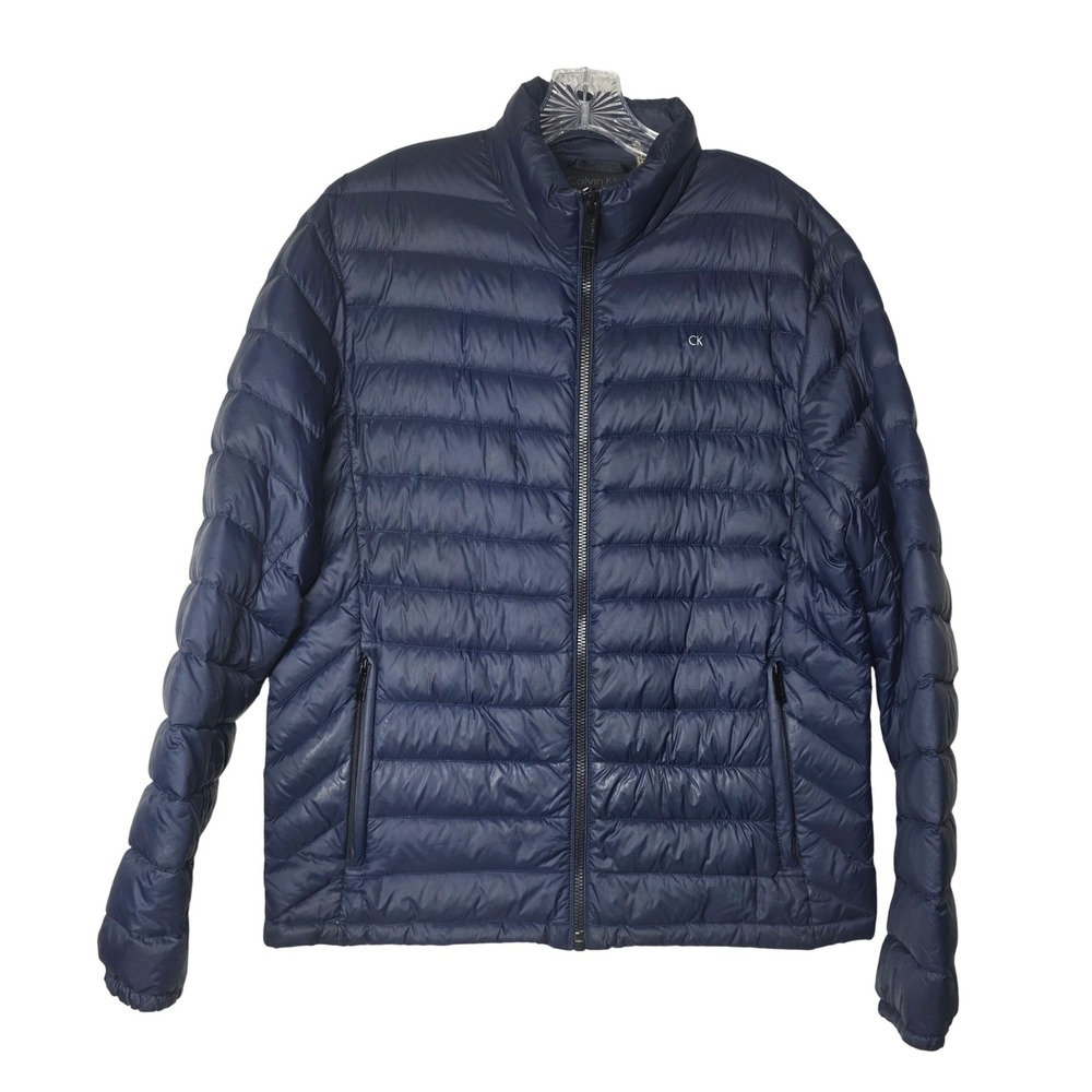 Calvin Klein Mens Packable Premium Down Puffer Jacket Navy Blue Size Medium M
